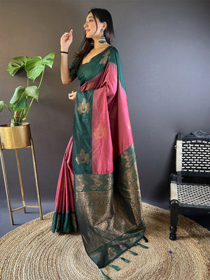 Rajwada Pink Woven Design Soft Silk Saree With Unstitched Blouse For Women