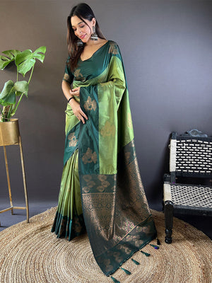 Rajwada Olive Woven Design Soft Silk Saree With Unstitched Blouse For Women