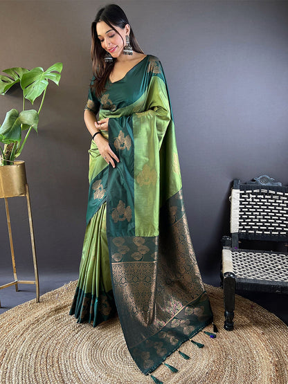 Rajwada Olive Woven Design Soft Silk Saree With Unstitched Blouse For Women