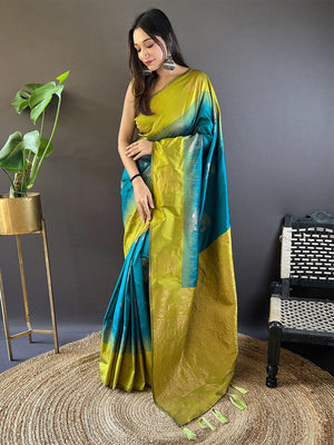 Rajwada Sea Green Woven Design Soft Silk Saree With Unstitched Blouse For Women