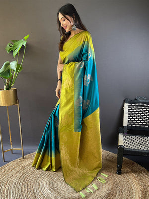 Rajwada Sea Green Woven Design Soft Silk Saree With Unstitched Blouse For Women