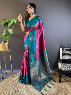 Rajwada Pink Woven Design Soft Silk Saree With Unstitched Blouse For Women