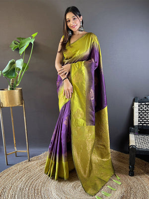 Rajwada Purple Woven Design Soft Silk Saree With Unstitched Blouse For Women