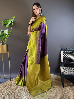 Rajwada Purple Woven Design Soft Silk Saree With Unstitched Blouse For Women