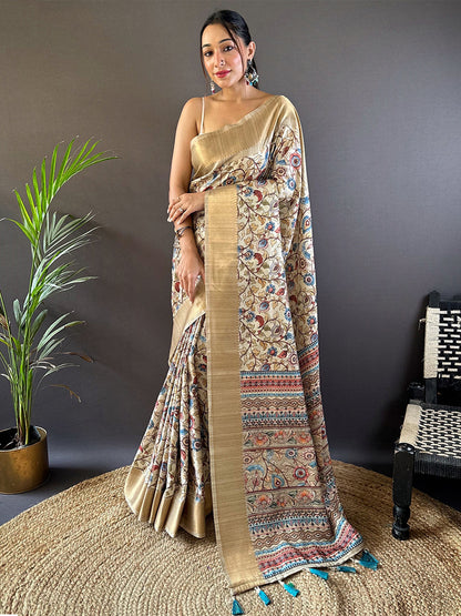 Rajwada Beige Printed Silk Blend Saree With Unstitched Blouse For Women