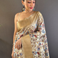 Rajwada Beige Printed Silk Blend Saree With Unstitched Blouse For Women