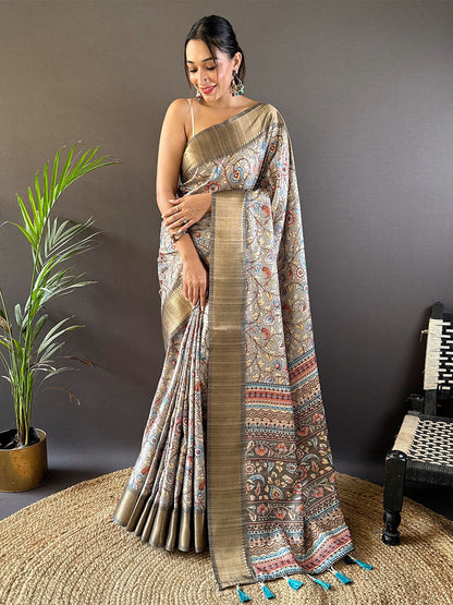 Rajwada Grey Printed Silk Blend Saree With Unstitched Blouse For Women