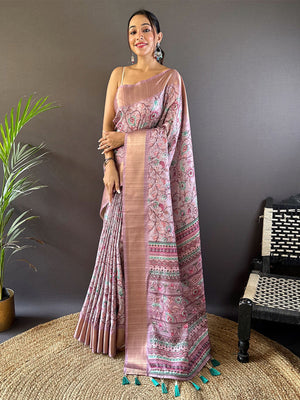 Rajwada Pink Printed Silk Blend Saree With Unstitched Blouse For Women