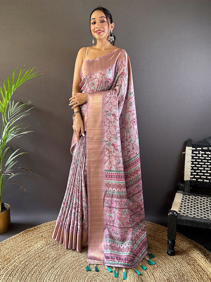 Rajwada Pink Printed Silk Blend Saree With Unstitched Blouse For Women