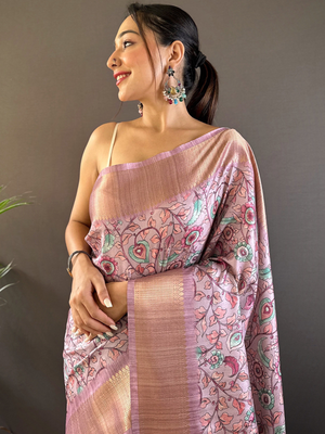 Rajwada Pink Printed Silk Blend Saree With Unstitched Blouse For Women
