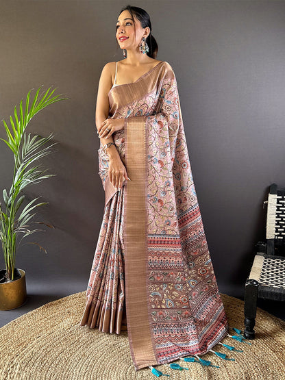 Rajwada Peach Printed Silk Blend Saree With Unstitched Blouse For Women