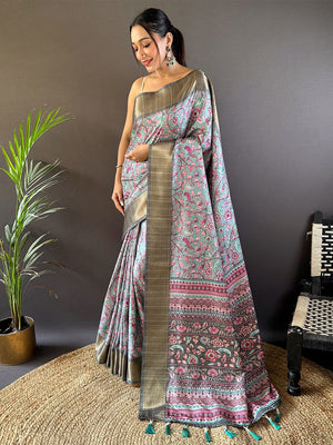 Rajwada Sea Green Printed Silk Blend Saree With Unstitched Blouse For Women