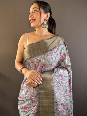 Rajwada Sea Green Printed Silk Blend Saree With Unstitched Blouse For Women