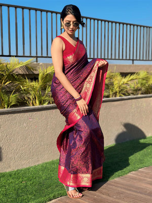 Rajwada Purple Woven Design Silk Blend Saree With Unstitched Blouse For Women