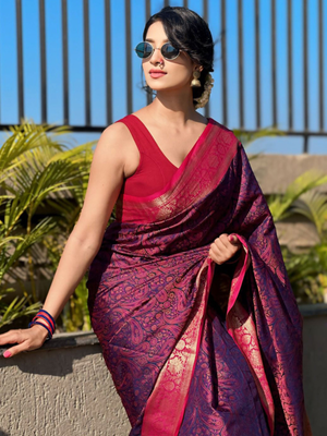 Rajwada Purple Woven Design Silk Blend Saree With Unstitched Blouse For Women