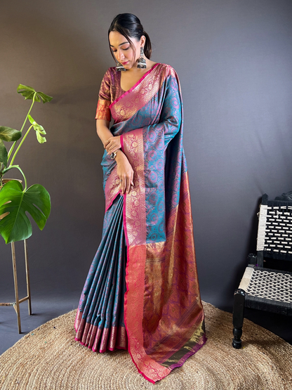 Rajwada Blue Woven Design Silk Blend Saree With Unstitched Blouse For Women