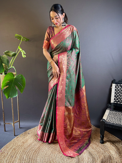 Rajwada Green Woven Design Silk Blend Saree With Unstitched Blouse For Women