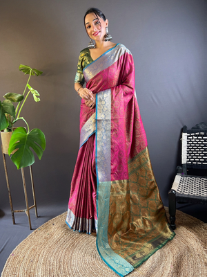 Rajwada Pink Woven Design Silk Blend Saree With Unstitched Blouse For Women