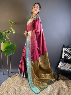 Rajwada Pink Woven Design Silk Blend Saree With Unstitched Blouse For Women