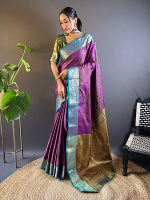 Rajwada Purple Woven Design Silk Blend Saree With Unstitched Blouse For Women