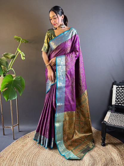 Rajwada Purple Woven Design Silk Blend Saree With Unstitched Blouse For Women
