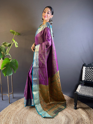 Rajwada Purple Woven Design Silk Blend Saree With Unstitched Blouse For Women