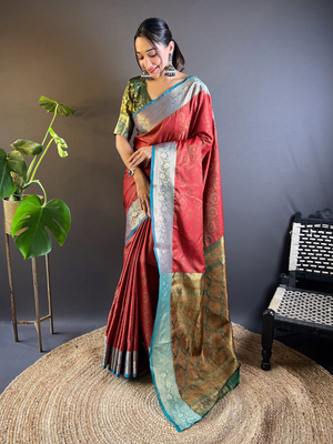 Rajwada Red Woven Design Silk Blend Saree With Unstitched Blouse For Women