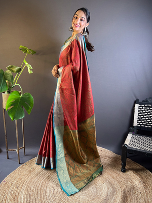 Rajwada Red Woven Design Silk Blend Saree With Unstitched Blouse For Women