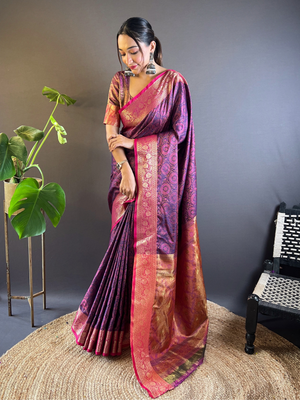 Rajwada Purple Woven Design Silk Blend Saree With Unstitched Blouse For Women