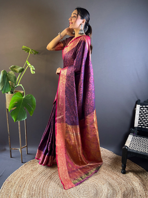 Rajwada Purple Woven Design Silk Blend Saree With Unstitched Blouse For Women