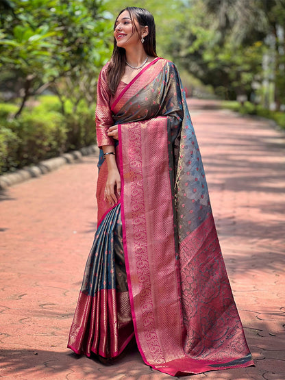 Rajwada Grey Woven Design Tissue Silk Saree With Unstitched Blouse For Women