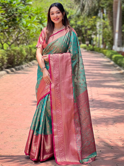 Rajwada Green Woven Design Tissue Silk Saree With Unstitched Blouse For Women