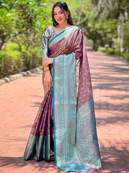 Rajwada Mauve Woven Design Tissue Silk Saree With Unstitched Blouse For Women