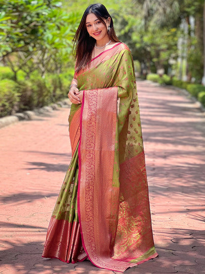 Rajwada Olive Woven Design Tissue Silk Saree With Unstitched Blouse For Women