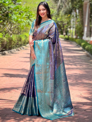 Rajwada Purple Woven Design Tissue Silk Saree With Unstitched Blouse For Women