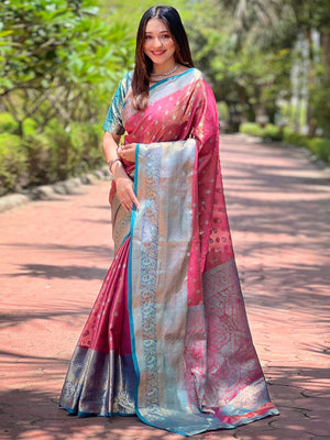 Rajwada Pink Woven Design Tissue Silk Saree With Unstitched Blouse For Women