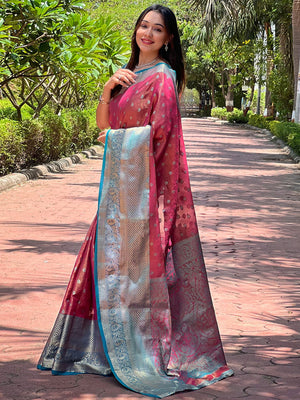 Rajwada Pink Woven Design Tissue Silk Saree With Unstitched Blouse For Women