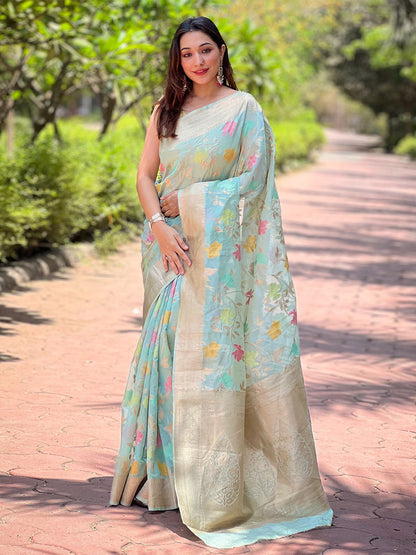 Rajwada Blue Woven Design Organza Saree With Unstitched Blouse For Women