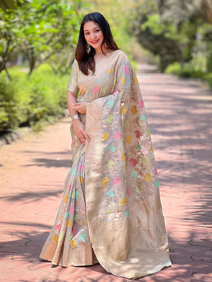 Rajwada Grey Woven Design Organza Saree With Unstitched Blouse For Women