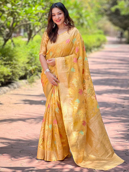 Rajwada Mustard  Woven Design Organza Saree With Unstitched Blouse For Women