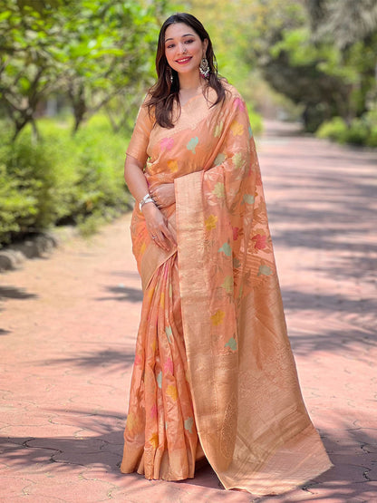 Rajwada Orange Woven Design Organza Saree With Unstitched Blouse For Women