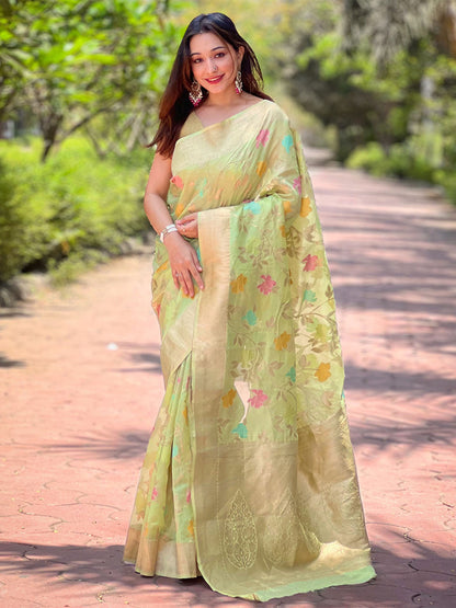 Rajwada Olive Woven Design Organza Saree With Unstitched Blouse For Women