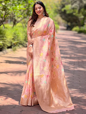 Rajwada Pink Woven Design Organza Saree With Unstitched Blouse For Women