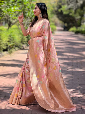 Rajwada Pink Woven Design Organza Saree With Unstitched Blouse For Women