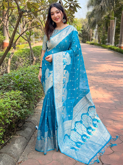 Rajwada Blue Woven Design Organza Saree With Unstitched Blouse For Women