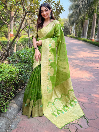 Rajwada Green Woven Design Organza Saree With Unstitched Blouse For Women