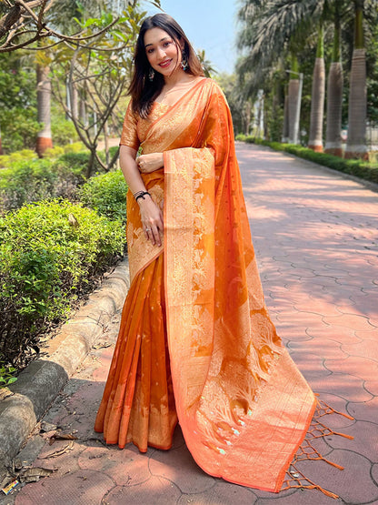 Rajwada Orange Woven Design Organza Saree With Unstitched Blouse For Women