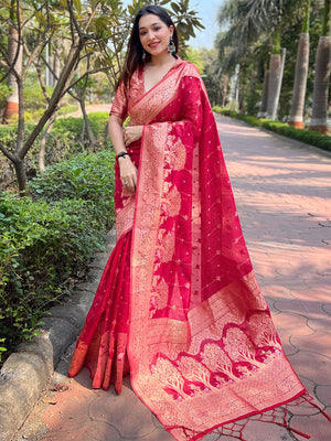 Rajwada Pink Woven Design Organza Saree With Unstitched Blouse For Women