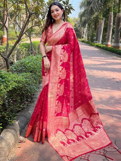 Rajwada Pink Woven Design Organza Saree With Unstitched Blouse For Women
