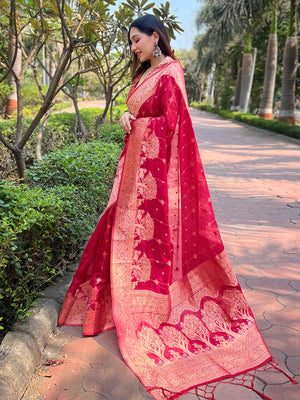 Rajwada Pink Woven Design Organza Saree With Unstitched Blouse For Women